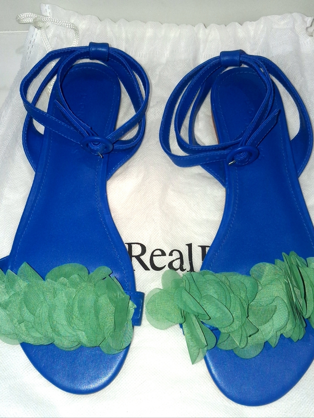 Dondoks Paris Leather Blue & green floral embellished sandals with ankle strap - Picture 2 of 11